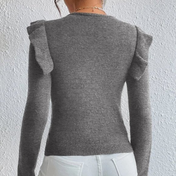 Pearl Beaded Ruffle Trim Sweater top gray - Picture 3 of 5